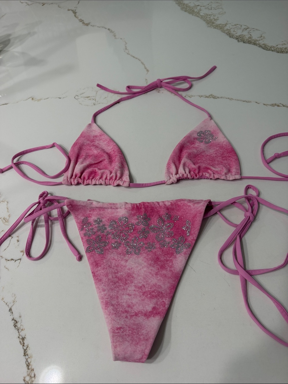 Frankies Bikinis Tia Terry Bikini Set in Pink Dye with Hibiscus Rhinestones  | L